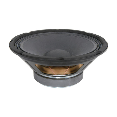 QTX QR10 10" replacement chassis speaker driver by AVSL with vented magnet, spade terminals and black cone, shown side-on against a plain white background.