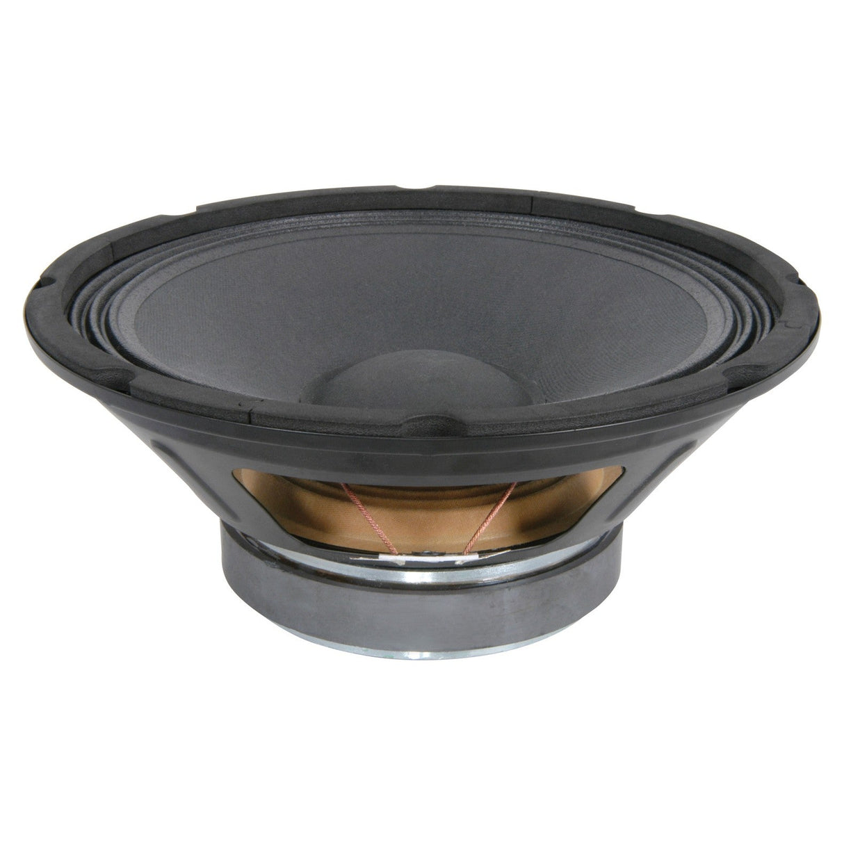 The QTX 10" Driver For QR10 (178.211UK) features a black and gray speaker cone with a wide, round shape and a metallic base. Its chassis speaker design angles slightly upwards, showcasing its intricate craftsmanship.