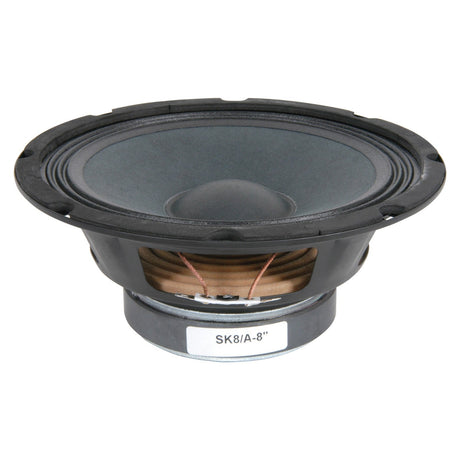 A QTX 8" Driver For QR8 (178.210UK), featuring a large cone and visible copper coil, sits elegantly. Photographed from a side angle, this black chassis speaker is set against a plain white background, highlighting its sleek design.