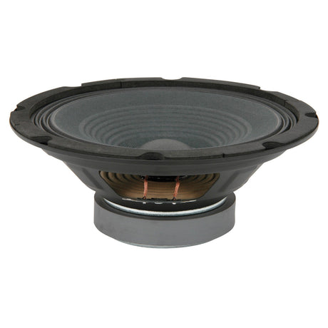 A QTX 4 Ohm 8" Driver For QR8A (178.202UK) with a black and gray cone, featuring a visible copper coil, is displayed against a plain white background. This chassis speaker showcases its sleek construction with a round, ribbed design and metallic base.