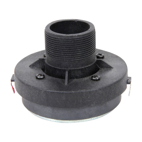 QTX HF compression driver with 1" titanium diaphragm, black threaded horn throat and round housing with terminal tabs, shown on a white background.