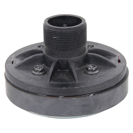 The QTX HF Compression Driver For QR8/10A/QT6/QT8 is a black, round mechanical part featuring a threaded pipe at the center, four bolts, and a grooved texture on its surface. It serves as an ideal replacement for an HF horn driver and is perfect for integration with systems such as the QTX Sound QR8.