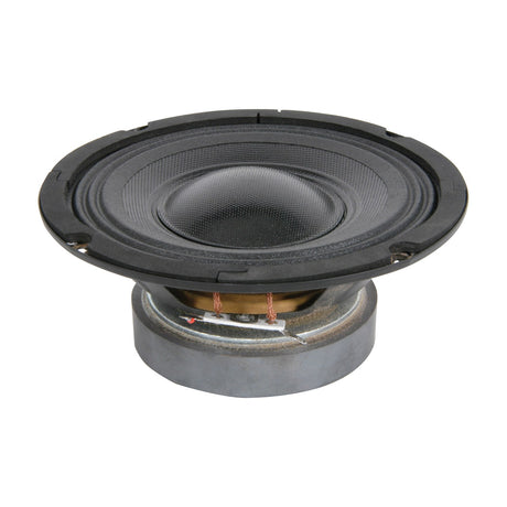 QTX QT6 6.5" replacement woofer driver with black cone, plastic frame and exposed magnet and spade terminals, shown on a plain white background.
