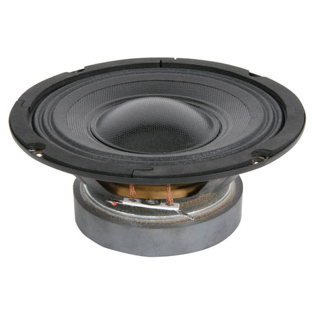 The QTX 6.5" Driver For QT6 178.400UK, featuring a striking round cone and metallic base akin to those in full-range speaker cabinets, is elegantly showcased against a white background.