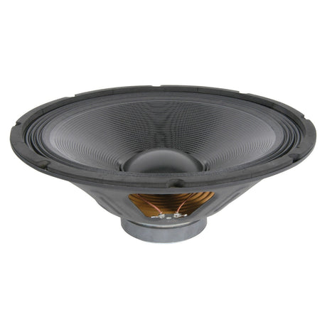 A large QTX 15" Driver For QT15 (178.412UK) woofer cone with a black textured surface and a metallic base is displayed. The speaker is positioned at an angle, accentuating its circular shape and central dome against a plain white background that highlights its features.