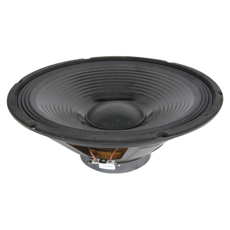 A large black woofer cone with a ribbed surface and a central dust cap, part of the QTX 12" Driver For QT12 (178.409UK). The speaker's frame is visible, positioned at an angle. A label reading 15 cm is attached near the bottom of the frame, making it ideal for fitting into most standard speaker cabinets.