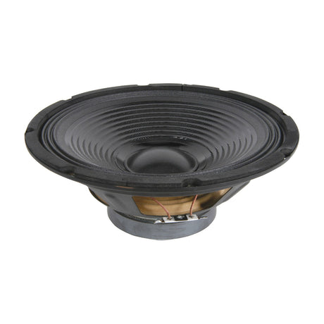 QTX QT Series 10 inch replacement woofer driver with black cone, ribbed surround and spade terminals on the magnet base, shown on a white background.