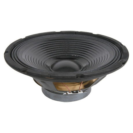 Displayed is the QTX 10" Driver For QT10 (178.406UK), featuring a black audio speaker cone with a circular ribbed design and a metallic base, similar to those used in full-range speaker cabinets. Set against a plain white background, it emphasizes its structural details and wiring connection points.