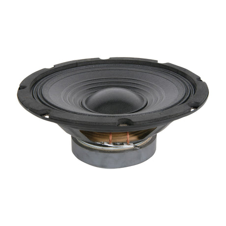 QTX QT Series 8" replacement chassis speaker driver by AVSL, side view showing black cone, foam surround, voice coil and spade terminals on a white background.