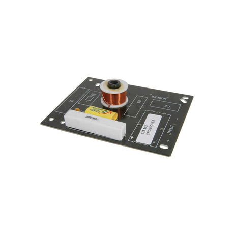 QTX passive crossover network PCB with copper inductor coil, yellow capacitor and white ceramic resistor, rated 300W 8 Ohm 4kHz, on a white background.