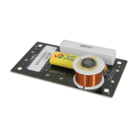 QTX crossover network PCB for QR12 speaker cabinet with copper inductor coil, yellow capacitor and white ceramic resistor, on a plain white background.