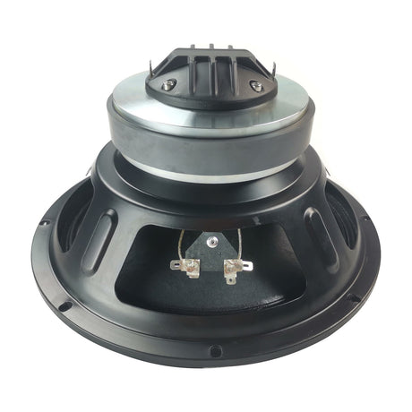 Rear view of the Citronic LFHF-CM10A coaxial 10in full range driver by AVSL, showing the black magnet housing and positive and negative terminals.
