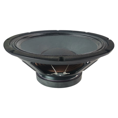 The Citronic CM10A Coaxial LF+HF Driver 250W 4ohm is a black high power woofer with a large circular cone and metallic frame, featuring visible suspension and coil. This design, ideal for audio sound systems, showcases detailed components and craftsmanship.