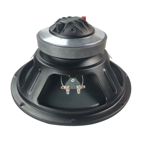 Rear view of the Citronic LFHF-CM12 12in coaxial full range driver by AVSL, showing the black cone basket, magnet assembly and terminal tabs.