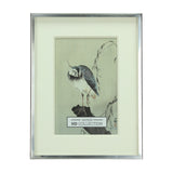 Libra Interiors Polished Nickel 10x15cm Photo Frame with slim metal surround and wide mount, displaying a Japanese-style bird print sample.
