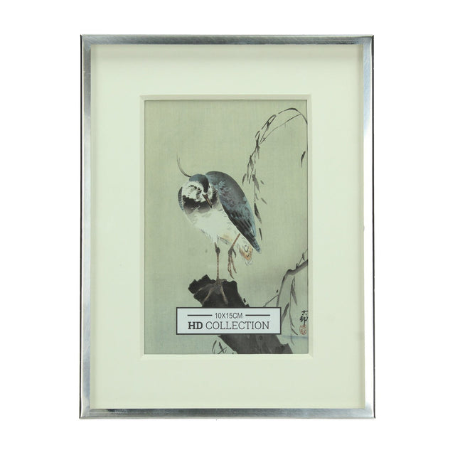 Libra Interiors Polished Nickel 10x15cm Photo Frame with slim metal surround and wide mount, displaying a Japanese-style bird print sample.