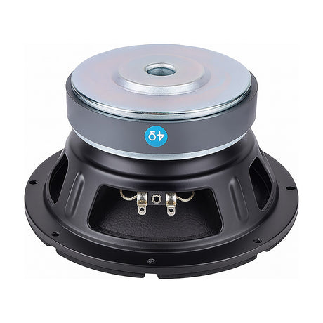 Citronic CORVA-8A 8" 350W woofer with pressed steel basket, black frame, silver magnet cover and 4 ohm label, shown from the rear on a white background.