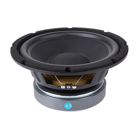Citronic CORVA-8A 8" 350W steel frame woofer by AVSL shown side-on with black cone, foam surround and 4Ω label on the magnet base.