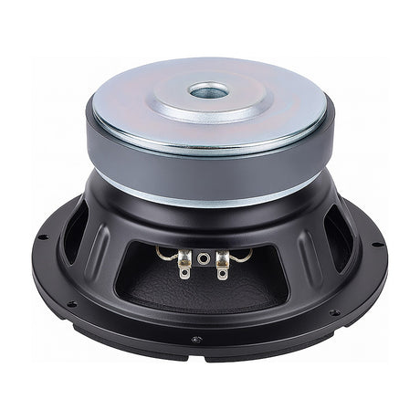 Rear view of the Citronic CORVA-8 8-inch steel frame woofer showing the large magnet, black pressed steel basket, and terminals on white.