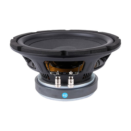 Side view of the Citronic CORVA-10A 10" 400W woofer showing the pressed steel basket, paper cone, dual terminals and 4 ohm magnet label on white.