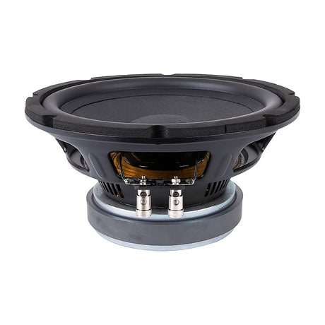 Side view of the Citronic CORVA-10 10" 400W steel frame woofer showing the paper cone, pressed steel basket, magnet and terminals on a white background.