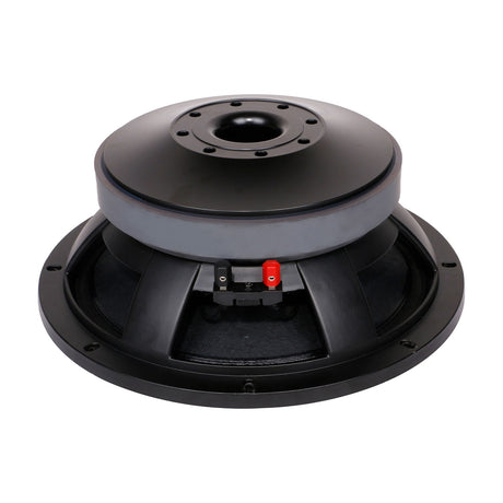 Citronic LFCORVA-12 12" cast aluminium frame woofer, rear view showing dust cap, surround, red and black terminals, on a plain white background.