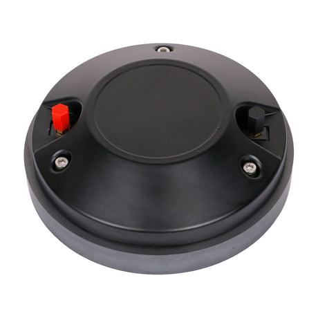 Citronic HFCORVA-1215 HF compression driver by AVSL with matte black housing, red and black terminals, and hex bolts on a white background.