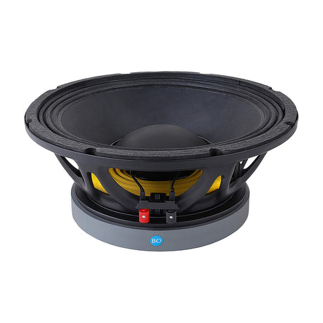 Citronic LFCORVA-12SA 12" subwoofer driver with black cone, steel frame, yellow spider, and red/black terminals, shown on a plain white background.