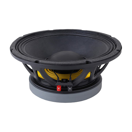 Citronic CORVA-12S 12" 700W subwoofer driver with black steel basket, paper cone, yellow surround and red/black terminals, shown on a plain white background.