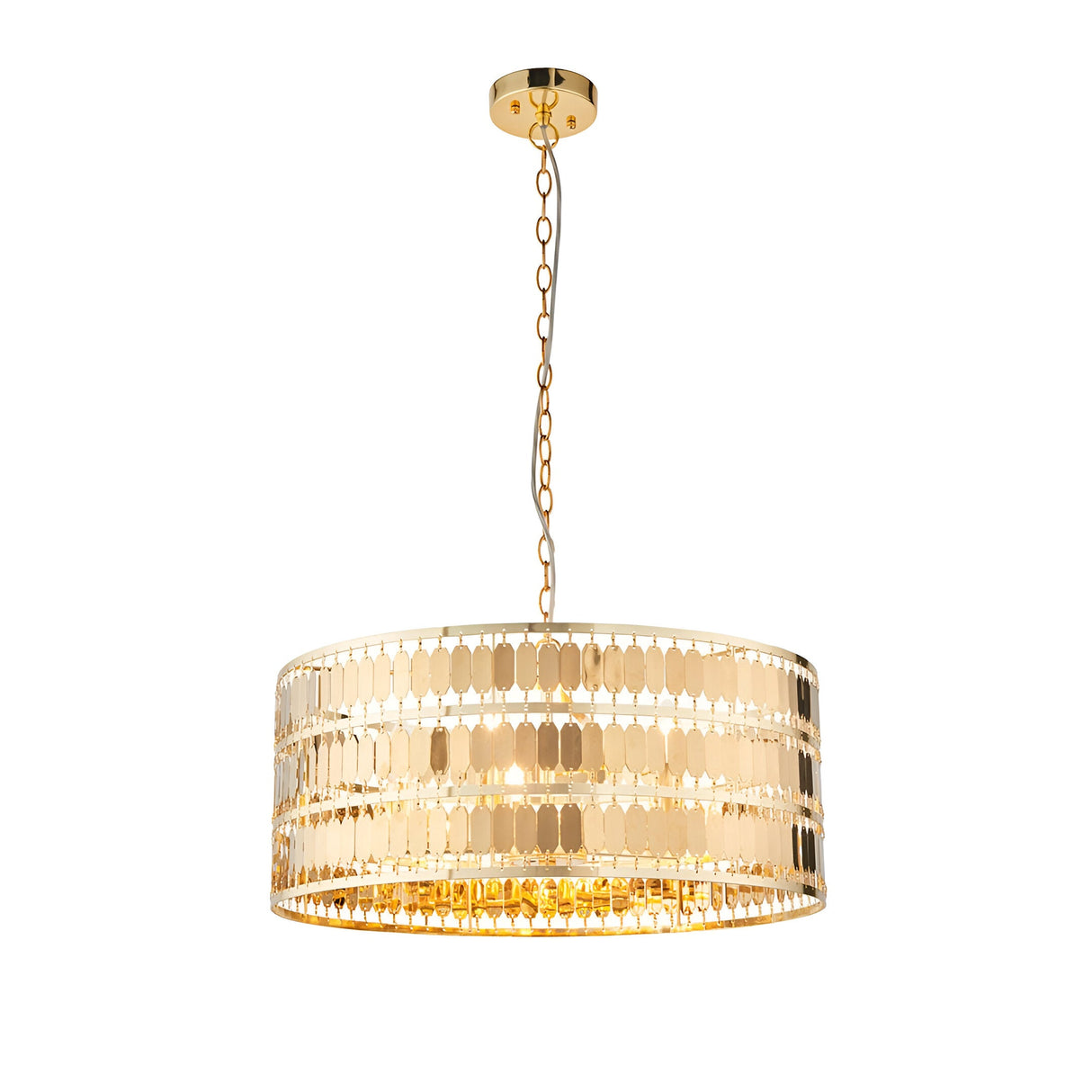 Brackhurst 5 Light Pendant in gold, drum-shaped fixture with layered hexagonal plates on a chain suspension, shown against a plain white background.