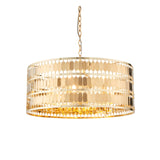 Brackhurst 5 Light Pendant in gold metal, drum shape with layered hexagonal plates hanging on a chain, shown on a plain white background.