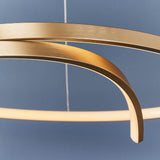 Close-up of the Endon Chartmont pendant showing its slim curved ring in matt brushed gold with a frosted diffuser, set against a blue backdrop.