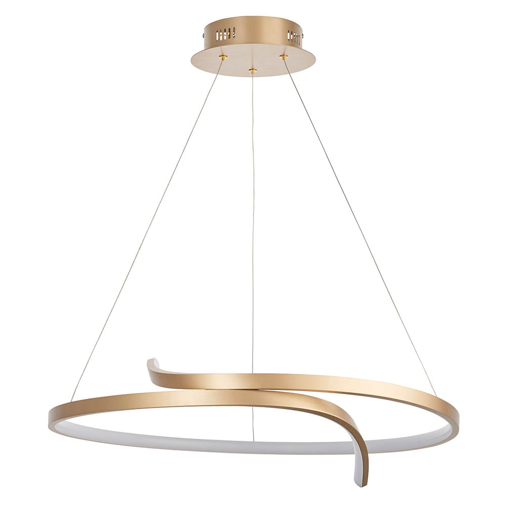 Endon Chartmont LED pendant in matt brushed gold, featuring a slim curved ring with frosted diffuser suspended from a circular ceiling plate.