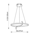 Dimension diagram of the Endon Chartmont pendant showing 570mm diameter ring and adjustable 30–120cm drop on a plain white background.