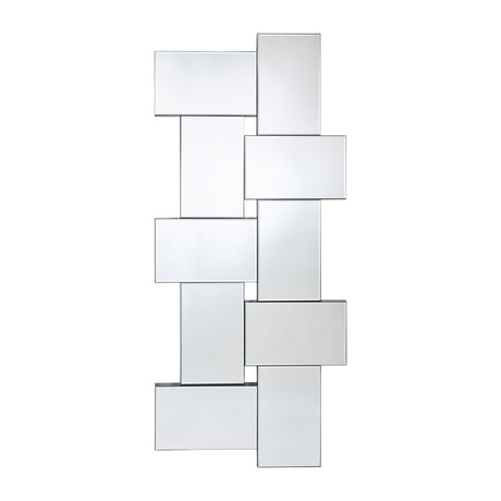 Wall mirror assembled from ten bevelled rectangular panels laid alternately upright and across.