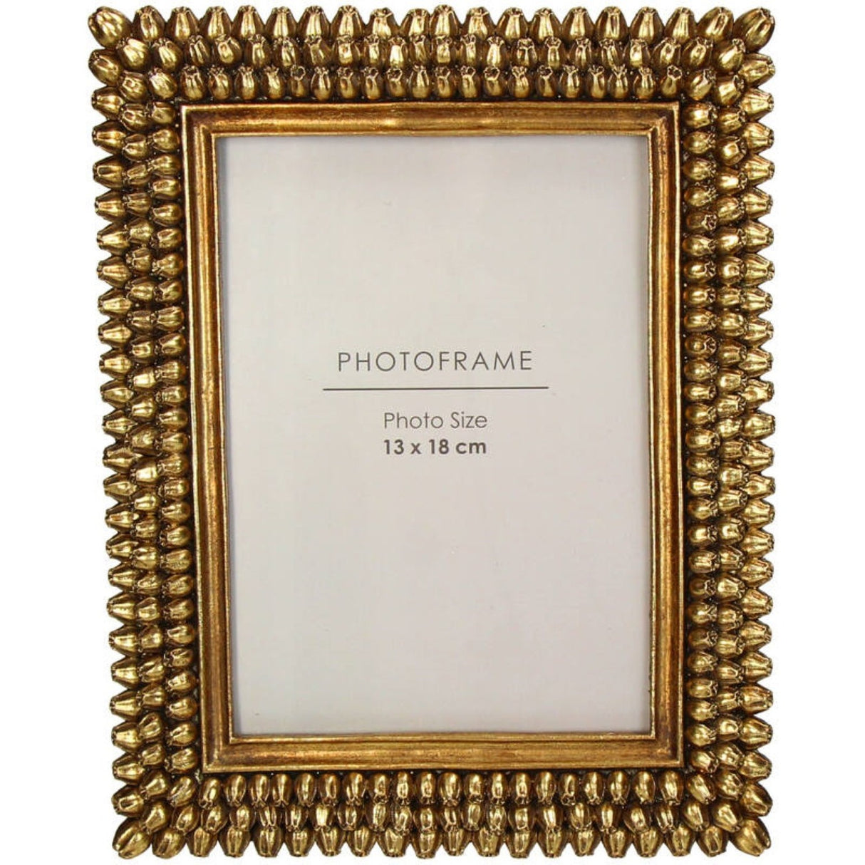 Libra Interiors Textured Beaded Gold Photo Frame with raised beaded resin border in radiant gold, holding a 13x18cm print, shown on a white background.
