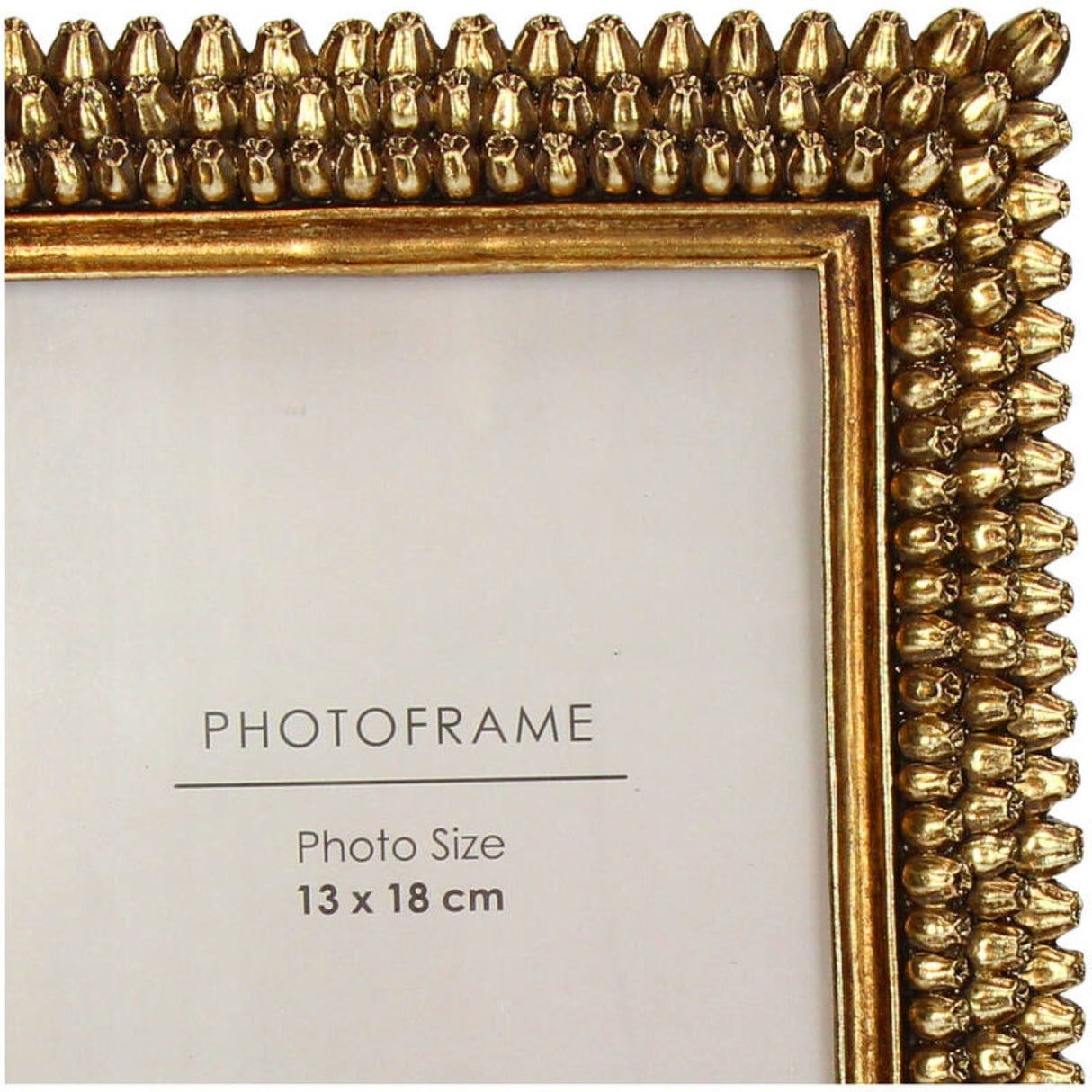 Libra Interiors Textured Beaded Gold Photo Frame shown in close-up, with raised resin beadwork bordering a 13x18cm aperture in a warm gold finish.