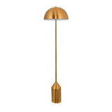 Endon Castford floor lamp in antique brass with a domed shade, slim stem and cylindrical weighted base on a plain white background.