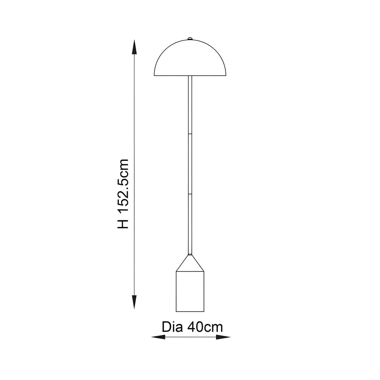 Endon Castford floor lamp dimension diagram showing 152.5cm height and 40cm shade diameter, with domed shade and slim stem on a cylindrical base.
