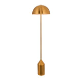 Endon Castford floor lamp in antique brass with a domed shade, slim stem and cylindrical weighted base, shown on a plain white background.