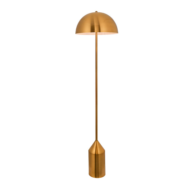 Endon Castford floor lamp in antique brass with a domed shade, slim stem and cylindrical weighted base, shown on a plain white background.