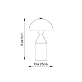 Line drawing of the Castford Table Lamp in antique brass, showing a dome shade on a tapered stem base, with dimensions H 44.6cm and Dia 25cm.