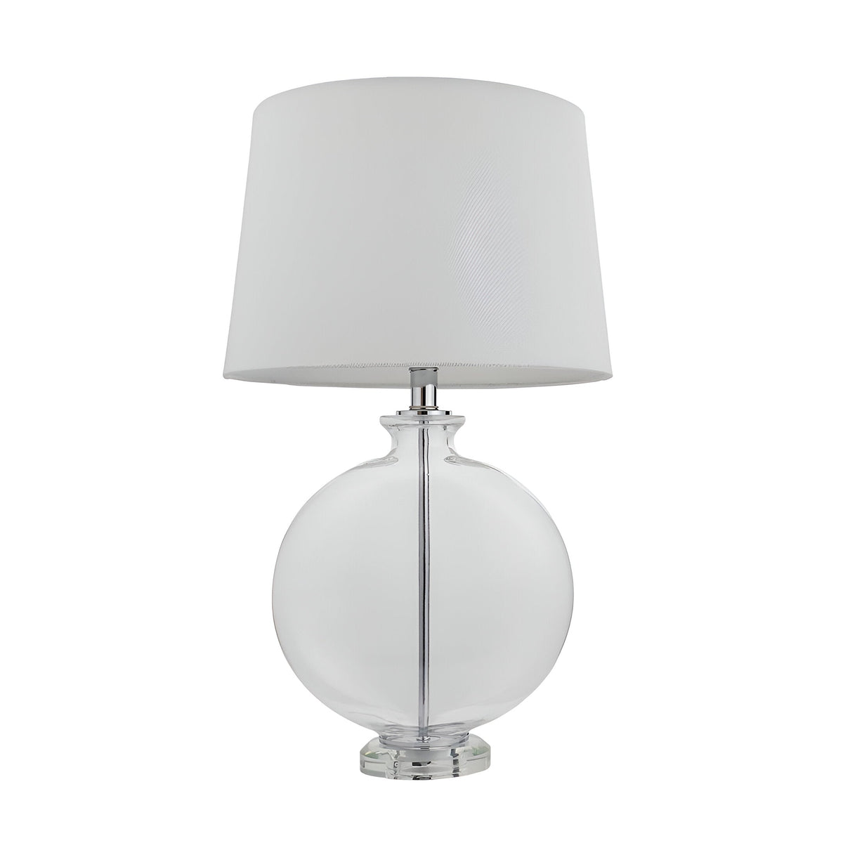 Endon Bramleigh table lamp with a clear glass ellipsoid base, polished nickel fittings, and tapered white shade on a plain background.