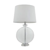 Endon Bramleigh table lamp with a clear glass ellipsoid base, polished nickel fittings, and tapered white shade on a plain background.