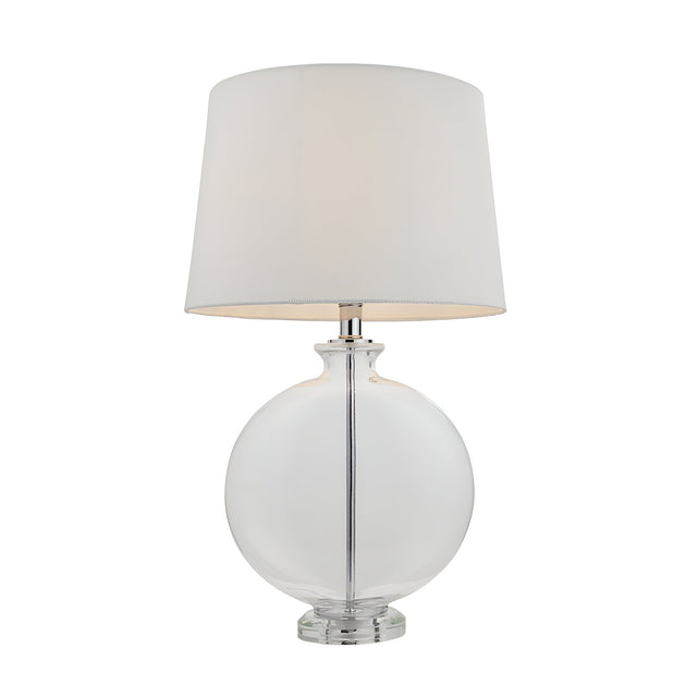 Endon Bramleigh table lamp with a clear glass ellipsoid base, polished nickel fittings and tapered white linen-mix shade on a plain background.