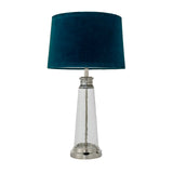 Endon Danehurst table lamp with clear hammered glass base, nickel metalwork and teal velvet tapered shade, shown on a white background.