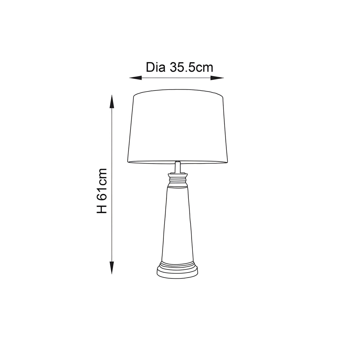 Dimension diagram of the Endon Danehurst nickel table lamp with tapered base and drum shade, showing 61cm height and 35.5cm shade diameter.
