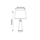 Dimension diagram of the Endon Danehurst nickel table lamp with tapered base and drum shade, showing 61cm height and 35.5cm shade diameter.