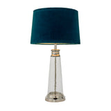 Endon Danehurst table lamp with clear hammered glass base, nickel plated metalwork and a teal velvet tapered shade, on a plain white background.