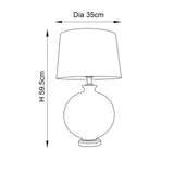 Endon Bramleigh table lamp technical diagram showing 59.5cm height and 35cm shade diameter, with tapered shade and glass ellipsoid base on white background.